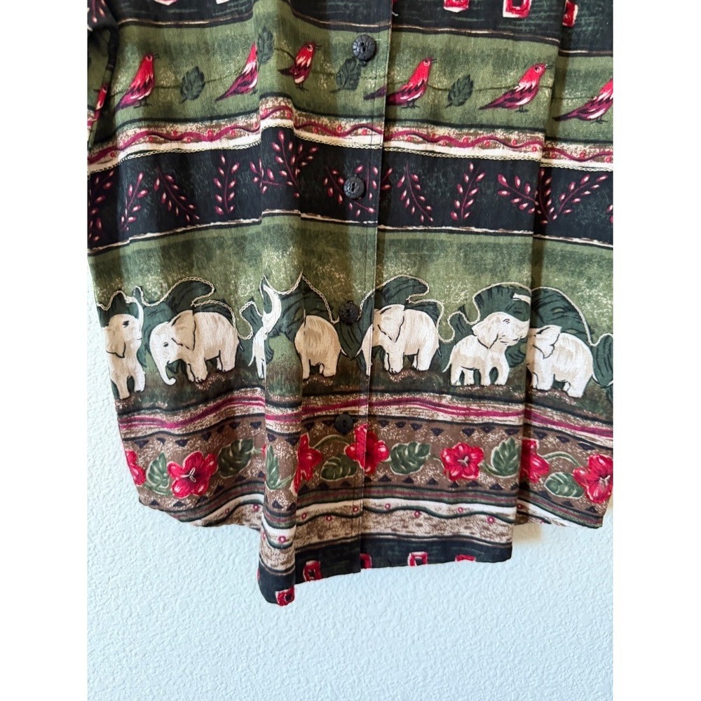 Erin London Womens Blouse Shirt Green Elephant Print Silk Linen Small - Picture 6 of 13